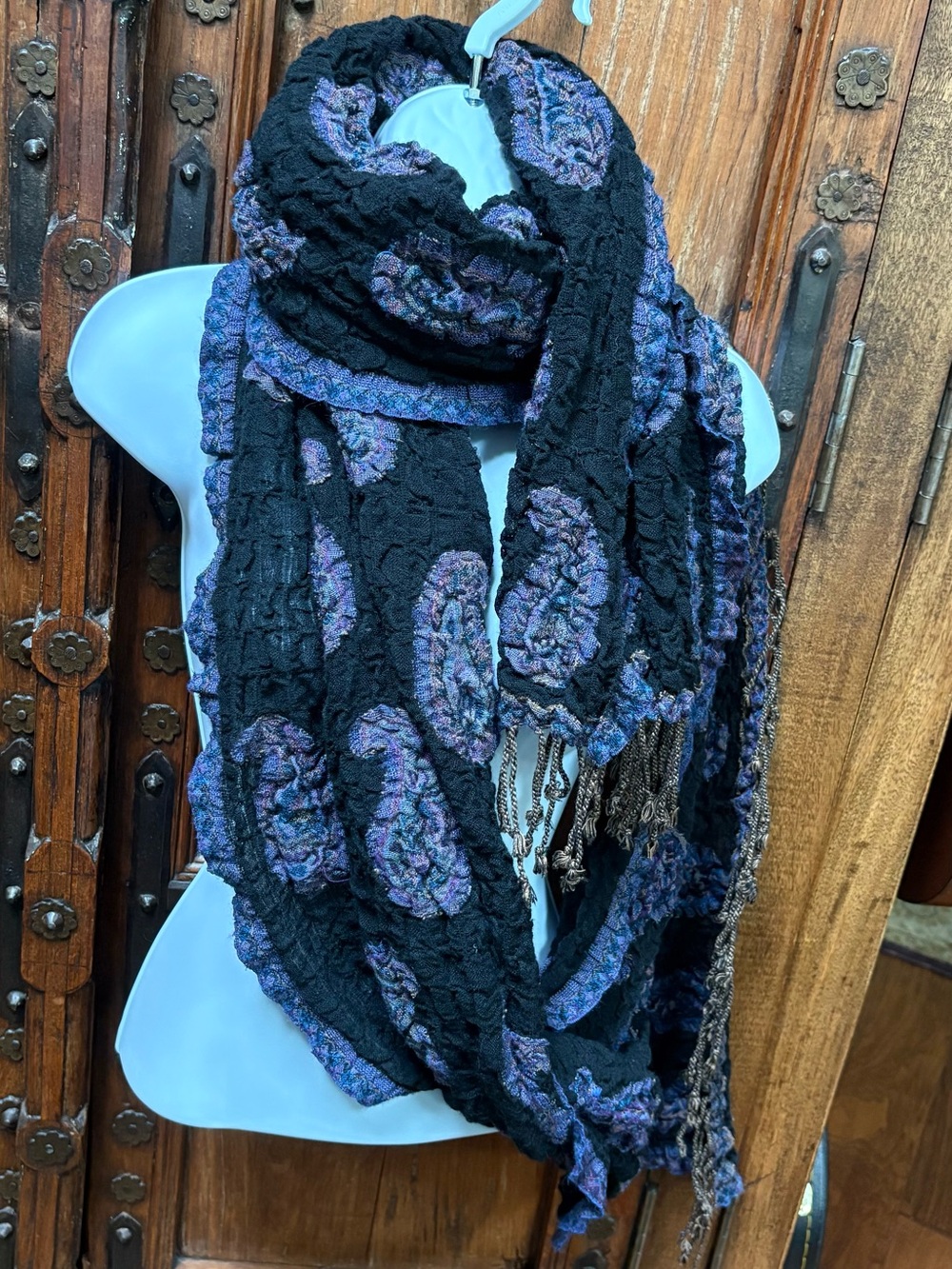 Boho Black & Purple Paisley Crinkle
Scarf with Tassel Fringe Shawl